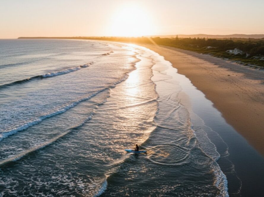 An epic drone shot capturing the serene beauty of Balnarring Beach at sunrise, with a lone surfer paddling out and vibrant hues reflecting off the wet sand, showcasing the elevated Balnarring Beach drone photography stunning views and the Mornington Peninsula's tranquil coastal charm.