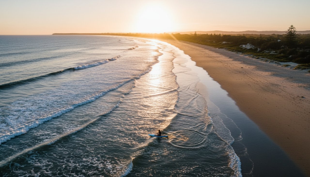 An epic drone shot capturing the serene beauty of Balnarring Beach at sunrise, with a lone surfer paddling out and vibrant hues reflecting off the wet sand, showcasing the elevated Balnarring Beach drone photography stunning views and the Mornington Peninsula's tranquil coastal charm.