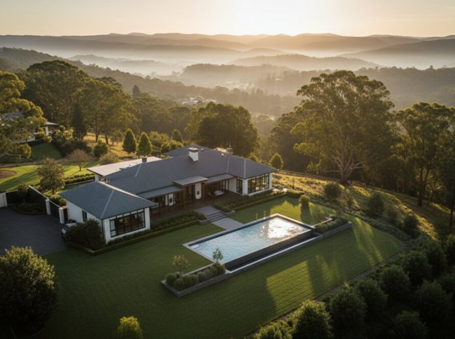 An epic aerial view of a modern luxury home nestled in the lush, green hills of Belgrave Heights at sunset, expertly captured through elevated drone real estate photography, showcasing its expansive gardens and panoramic vistas. The golden light highlights the serene, exclusive ambiance of the property.