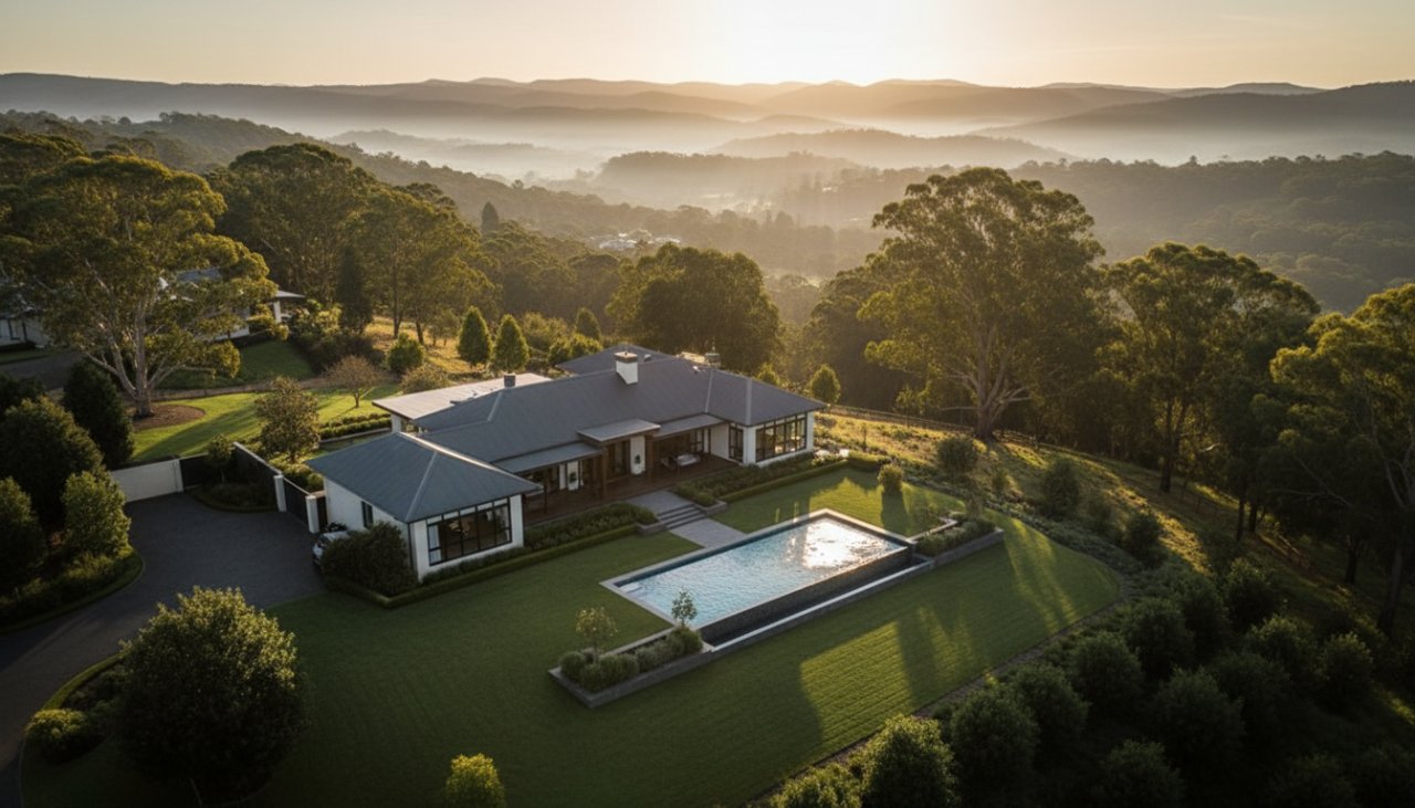 An epic aerial view of a modern luxury home nestled in the lush, green hills of Belgrave Heights at sunset, expertly captured through elevated drone real estate photography, showcasing its expansive gardens and panoramic vistas. The golden light highlights the serene, exclusive ambiance of the property.