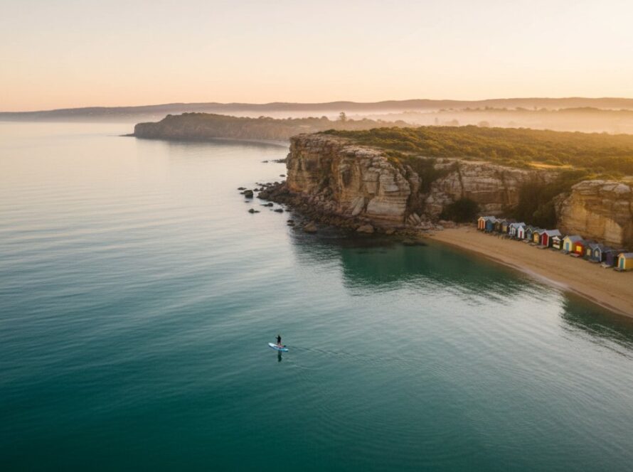 An epic drone photograph showcasing the Elevated Mornington Peninsula drone photography for stunning coastal vistas, capturing a vibrant sunrise over the rugged cliffs of Mornington's Esplanade, with boats gently moored in the azure waters and golden light illuminating the iconic bathing boxes, conveying a sense of serene grandeur.
