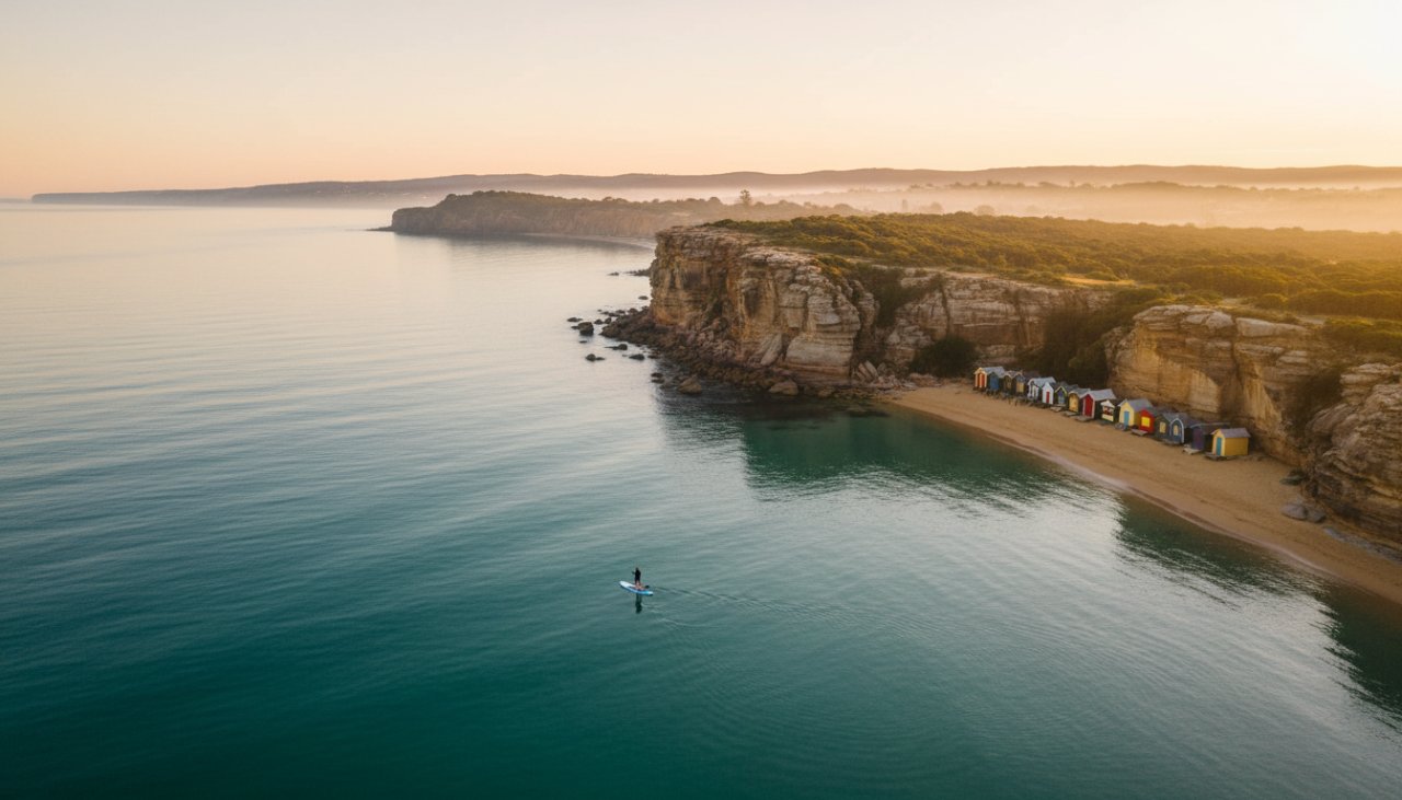 An epic drone photograph showcasing the Elevated Mornington Peninsula drone photography for stunning coastal vistas, capturing a vibrant sunrise over the rugged cliffs of Mornington's Esplanade, with boats gently moored in the azure waters and golden light illuminating the iconic bathing boxes, conveying a sense of serene grandeur.