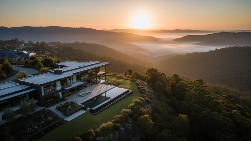 An aerial perspective showcasing elevated real estate photography Kalorama breathtaking views of a luxury home nestled among the Dandenong Ranges, with soft morning light illuminating its expansive gardens and panoramic valley vistas.