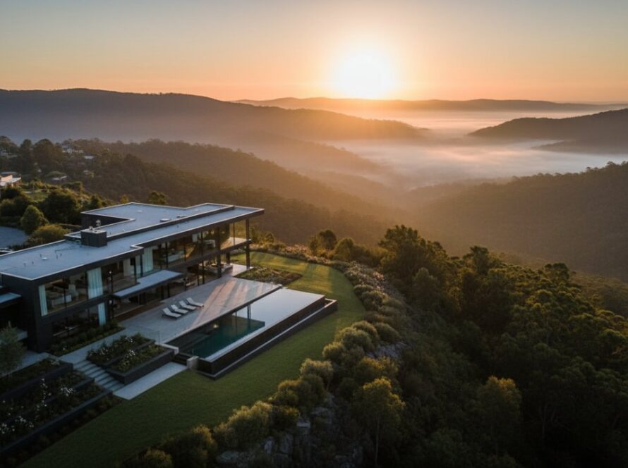 An aerial perspective showcasing elevated real estate photography Kalorama breathtaking views of a luxury home nestled among the Dandenong Ranges, with soft morning light illuminating its expansive gardens and panoramic valley vistas.