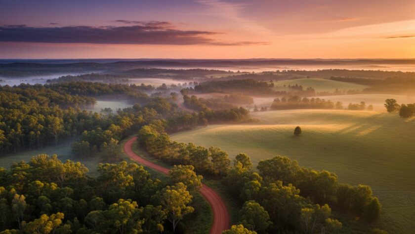 An awe-inspiring drone shot capturing the lush green landscapes and rolling hills of Belgrave South at sunrise, showcasing the serene beauty of the Dandenong Ranges, perfectly illustrating the potential of elevating Belgrave South vistas with professional drone photography.
