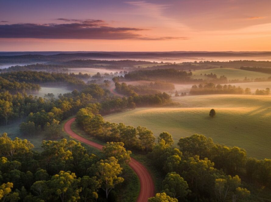 An awe-inspiring drone shot capturing the lush green landscapes and rolling hills of Belgrave South at sunrise, showcasing the serene beauty of the Dandenong Ranges, perfectly illustrating the potential of elevating Belgrave South vistas with professional drone photography.