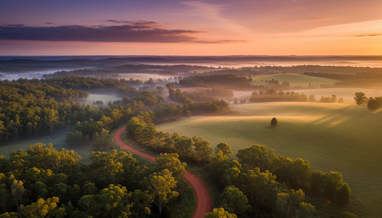 An awe-inspiring drone shot capturing the lush green landscapes and rolling hills of Belgrave South at sunrise, showcasing the serene beauty of the Dandenong Ranges, perfectly illustrating the potential of elevating Belgrave South vistas with professional drone photography.