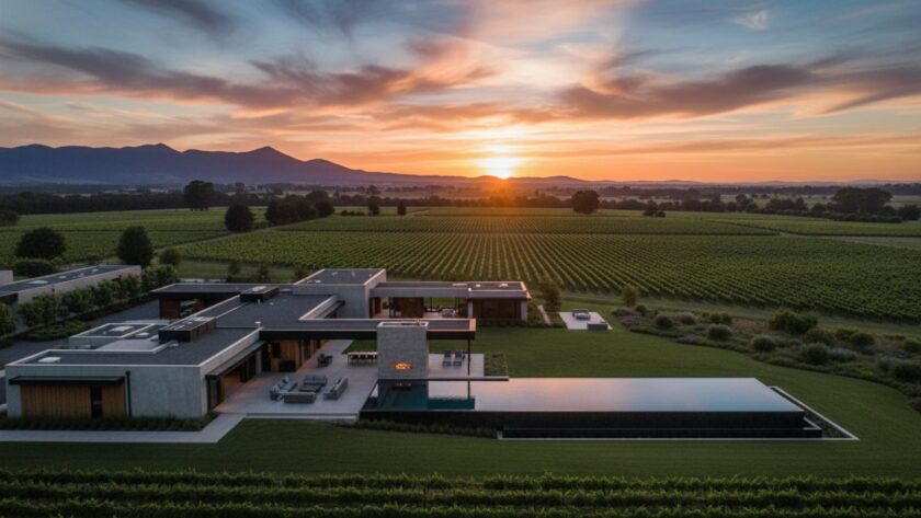 An expansive, golden hour aerial view of a luxurious Coldstream rural estate, showcasing rolling vineyards and distant Dandenong Ranges, expertly captured to aid in elevating Coldstream Victoria property listings with professional photography.