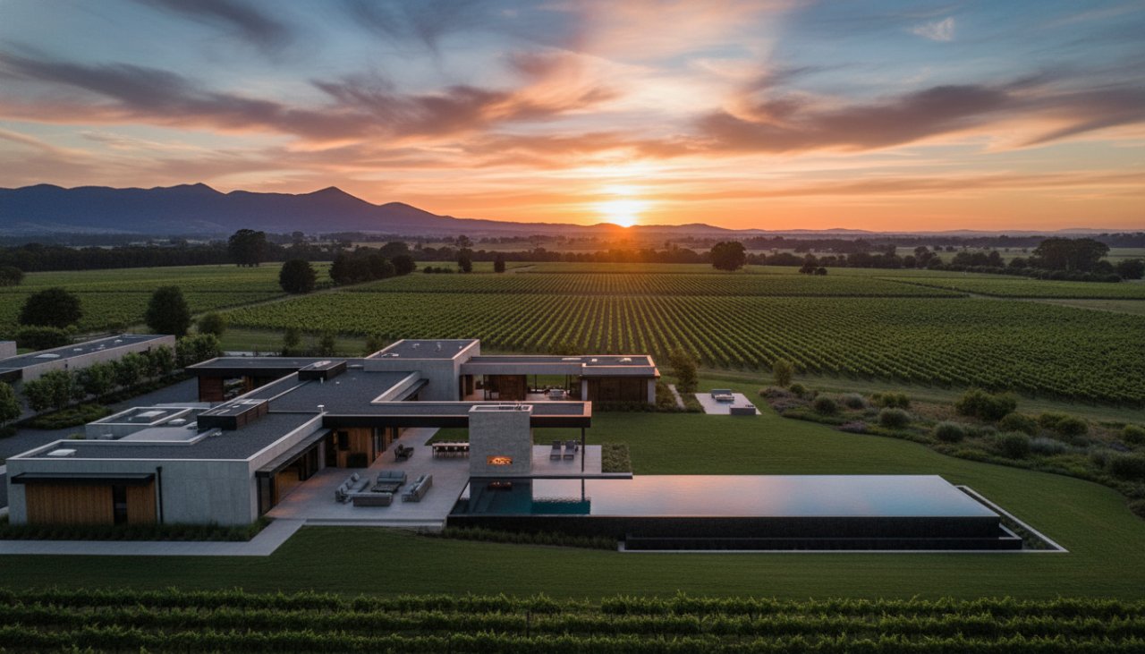 An expansive, golden hour aerial view of a luxurious Coldstream rural estate, showcasing rolling vineyards and distant Dandenong Ranges, expertly captured to aid in elevating Coldstream Victoria property listings with professional photography.