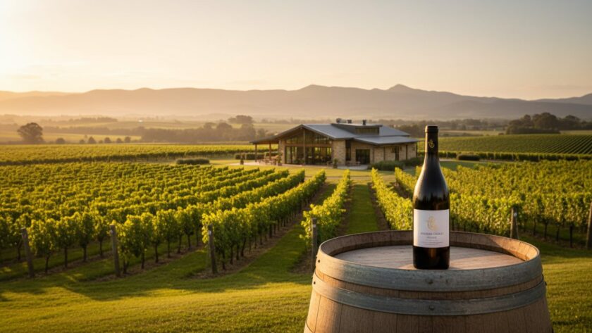 An epic moment capturing the grandeur of a Dixons Creek winery at sunset, showcasing vineyard rows and elegant architecture, perfect for elevating Dixons Creek winery brands commercial photography.