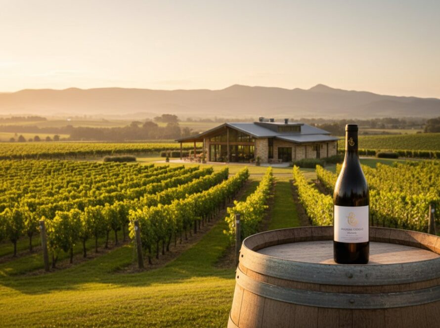 An epic moment capturing the grandeur of a Dixons Creek winery at sunset, showcasing vineyard rows and elegant architecture, perfect for elevating Dixons Creek winery brands commercial photography.