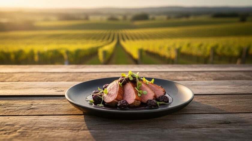 An expert 'Elevating Local Flavours Seville East Food Photography' capture of a beautifully plated artisanal dish, perhaps a gourmet dessert crafted with local Seville East berries, presented dramatically on a rustic timber table bathed in soft, natural light, with blurred vineyard hills visible in the background, conveying freshness and regional charm.