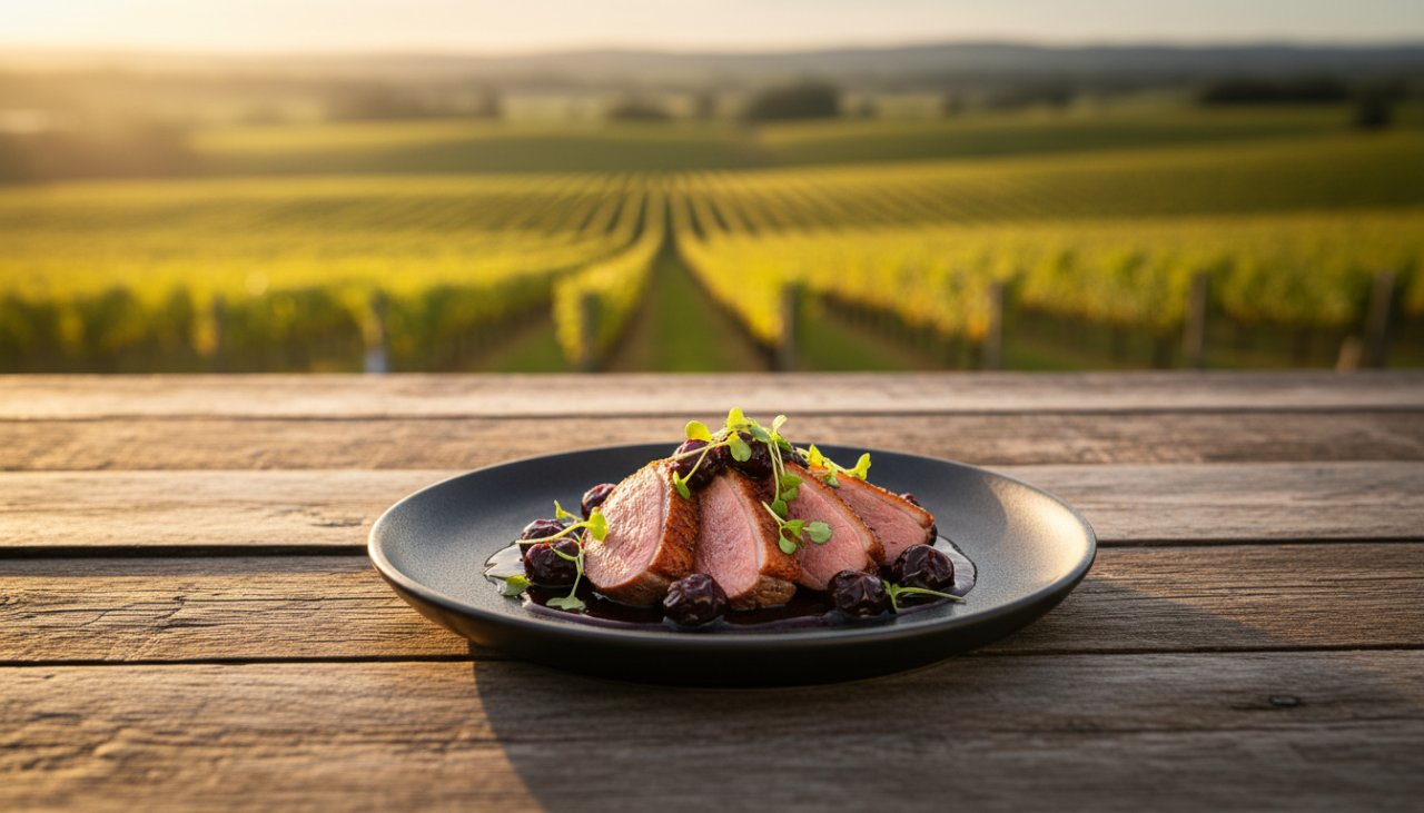 An expert 'Elevating Local Flavours Seville East Food Photography' capture of a beautifully plated artisanal dish, perhaps a gourmet dessert crafted with local Seville East berries, presented dramatically on a rustic timber table bathed in soft, natural light, with blurred vineyard hills visible in the background, conveying freshness and regional charm.