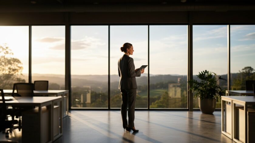 Dynamic portrait of a confident business leader, taken during an 'Elevating Menzies Creek business profiles corporate photography' session, with lush Dandenong Ranges greenery visible through a large window, capturing a moment of strategic focus and professional success.