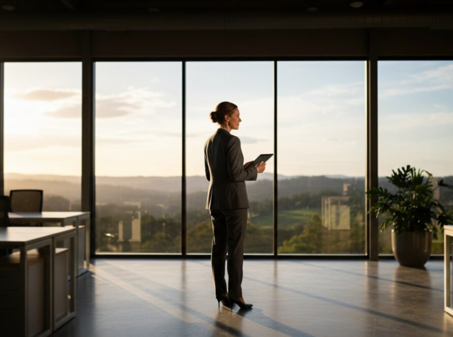 Dynamic portrait of a confident business leader, taken during an 'Elevating Menzies Creek business profiles corporate photography' session, with lush Dandenong Ranges greenery visible through a large window, capturing a moment of strategic focus and professional success.