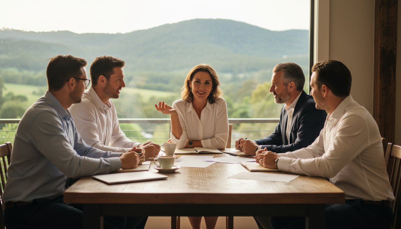 Dynamic outdoor corporate headshot in Sherbrooke, Victoria, capturing a professional woman in a suit with the Dandenong Ranges as a blurred backdrop, embodying the essence of Elevating Sherbrooke Corporate Headshots for Local Professionals.