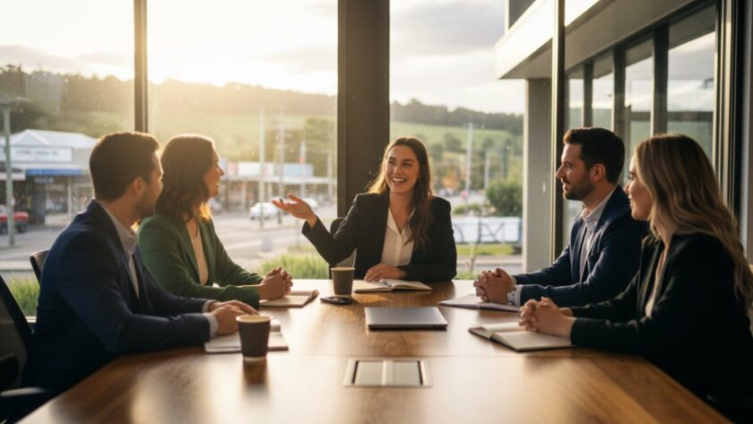 Dynamic wide-angle shot capturing the essence of Elevating Somerville corporate branding photography Victoria, featuring a diverse team collaborating energetically in a modern, sunlit office space in Somerville, Victoria, reflecting innovation and professional growth.