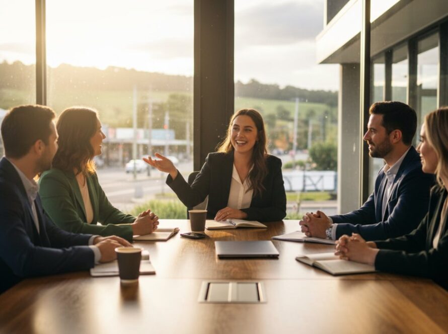 Dynamic wide-angle shot capturing the essence of Elevating Somerville corporate branding photography Victoria, featuring a diverse team collaborating energetically in a modern, sunlit office space in Somerville, Victoria, reflecting innovation and professional growth.