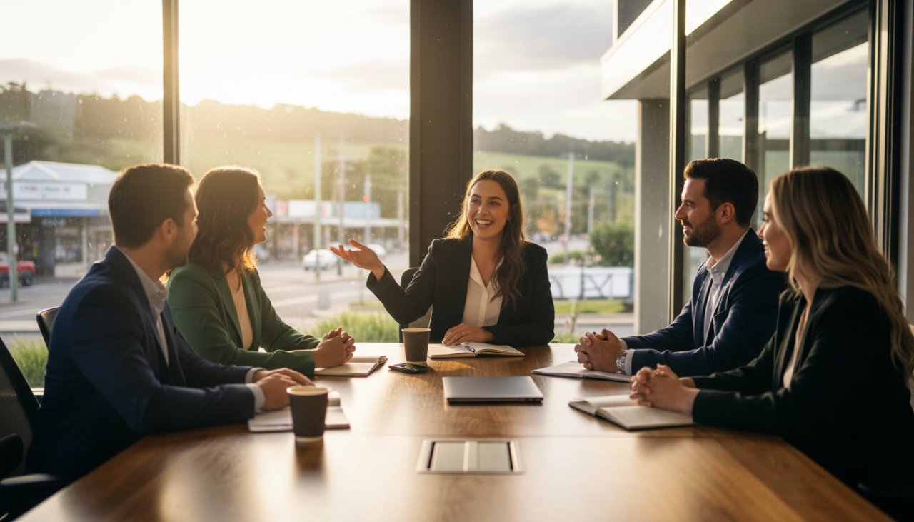 Dynamic wide-angle shot capturing the essence of Elevating Somerville corporate branding photography Victoria, featuring a diverse team collaborating energetically in a modern, sunlit office space in Somerville, Victoria, reflecting innovation and professional growth.