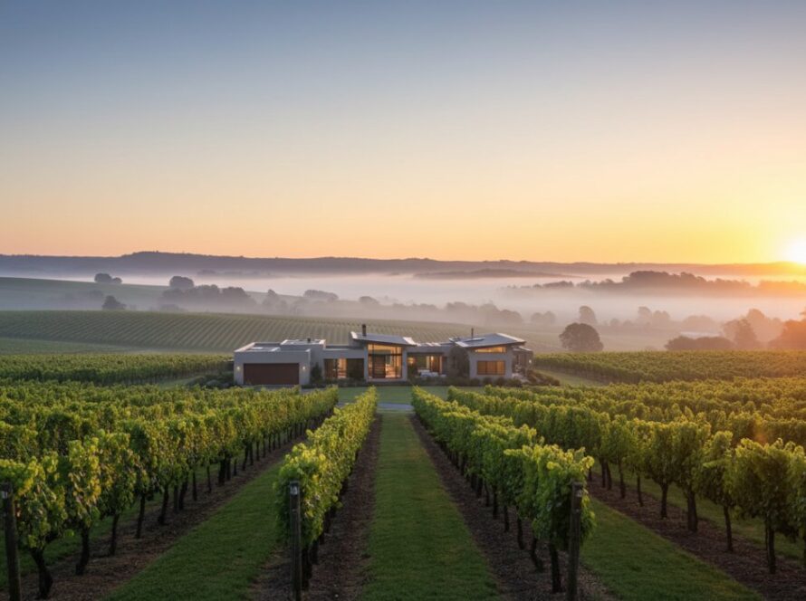 An epic, wide-angle dawn shot showcasing a modern luxury home nestled amidst the rolling vineyards and misty hills of Steels Creek, Victoria, bathed in golden light, perfectly elevating Steels Creek Real Estate Photography Listings.