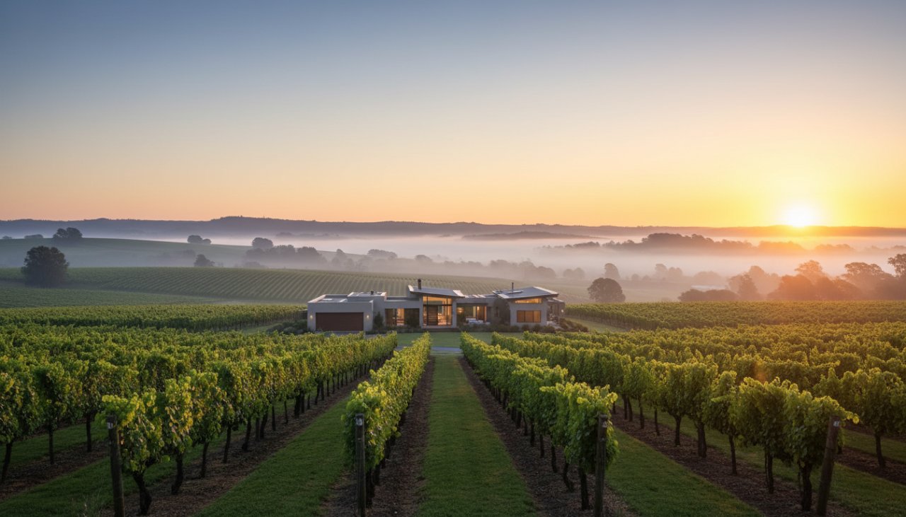 An epic, wide-angle dawn shot showcasing a modern luxury home nestled amidst the rolling vineyards and misty hills of Steels Creek, Victoria, bathed in golden light, perfectly elevating Steels Creek Real Estate Photography Listings.