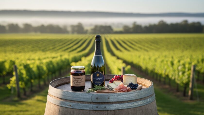 An 'epic moment' style photograph showcasing 'Elevating Tarrawarra artisanal product photography with creative flair' - a beautifully lit, artfully arranged display of local Tarrawarra artisan products, such as gourmet cheeses and a bottle of fine wine, captured with a shallow depth of field against a soft, rustic backdrop of a vineyard at golden hour.