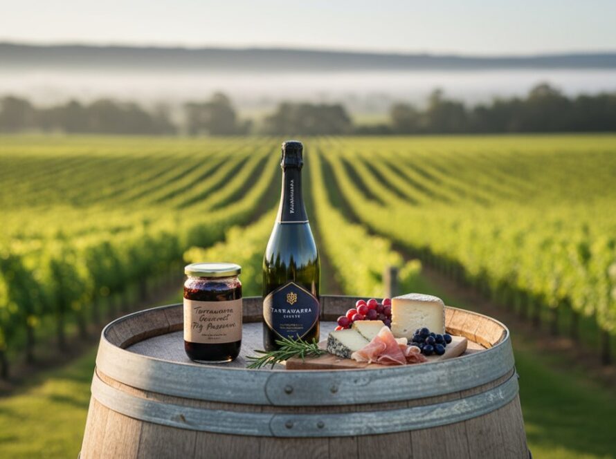 An 'epic moment' style photograph showcasing 'Elevating Tarrawarra artisanal product photography with creative flair' - a beautifully lit, artfully arranged display of local Tarrawarra artisan products, such as gourmet cheeses and a bottle of fine wine, captured with a shallow depth of field against a soft, rustic backdrop of a vineyard at golden hour.