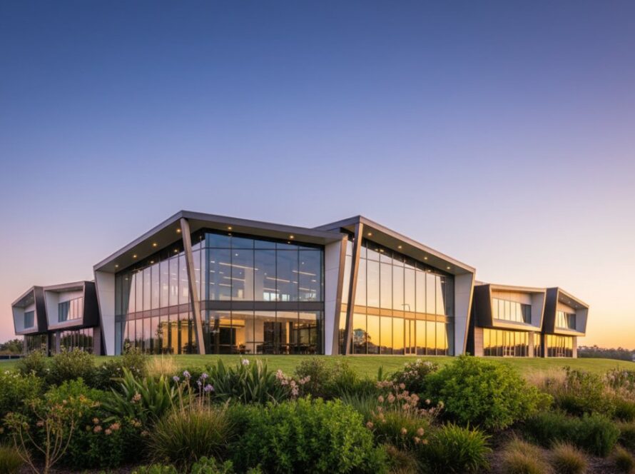 A dramatic, wide-angle cinematic shot of a modern commercial building in Wandin North at dawn, featuring strong architectural lines and reflective glass facades catching the first golden light, epitomising the excellence of Elevating Wandin North commercial architecture photography.
