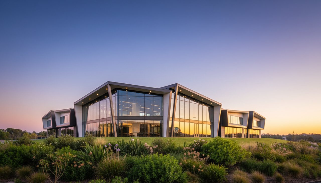 A dramatic, wide-angle cinematic shot of a modern commercial building in Wandin North at dawn, featuring strong architectural lines and reflective glass facades catching the first golden light, epitomising the excellence of Elevating Wandin North commercial architecture photography.