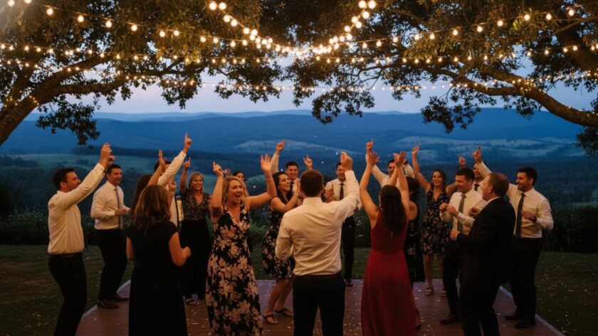 Dynamic wide-angle shot capturing an epic moment of unbridled joy and laughter at a lively outdoor party in Emerald, Victoria. Guests are dancing with hands in the air, silhouetted against a golden hour sunset over the Dandenong Ranges. The scene embodies spontaneous Emerald candid party photography, full of movement and vibrant energy, with fairy lights strung across trees.