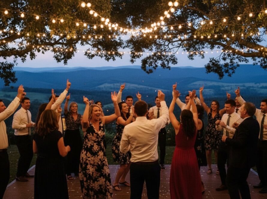 Dynamic wide-angle shot capturing an epic moment of unbridled joy and laughter at a lively outdoor party in Emerald, Victoria. Guests are dancing with hands in the air, silhouetted against a golden hour sunset over the Dandenong Ranges. The scene embodies spontaneous Emerald candid party photography, full of movement and vibrant energy, with fairy lights strung across trees.