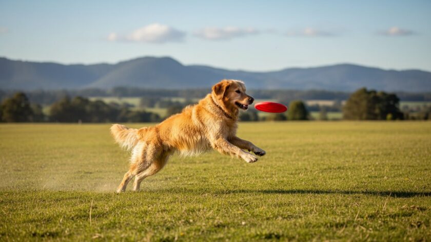 An 'epic moment' photograph showcasing Emerald pet photography capturing genuine dog joy, featuring a Golden Retriever mid-leap, tail wagging, in a sun-dappled open field with the Dandenong Ranges in the background, embodying pure happiness.