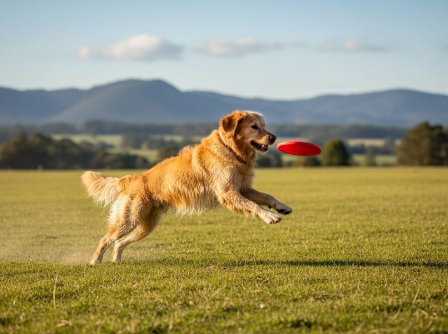 An 'epic moment' photograph showcasing Emerald pet photography capturing genuine dog joy, featuring a Golden Retriever mid-leap, tail wagging, in a sun-dappled open field with the Dandenong Ranges in the background, embodying pure happiness.