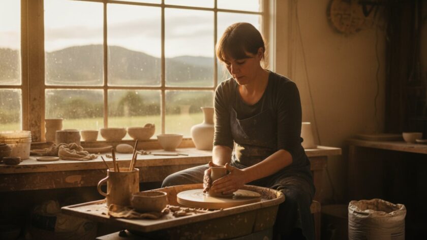 An inspiring wide-angle shot capturing the essence of Emerald VIC Business Visual Storytelling Photography, featuring a local ceramic artist passionately crafting pottery amidst the lush Dandenongs backdrop, early morning light, cinematic.