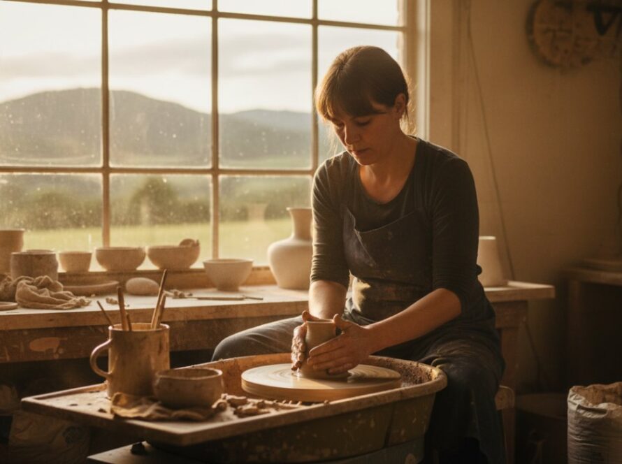 An inspiring wide-angle shot capturing the essence of Emerald VIC Business Visual Storytelling Photography, featuring a local ceramic artist passionately crafting pottery amidst the lush Dandenongs backdrop, early morning light, cinematic.