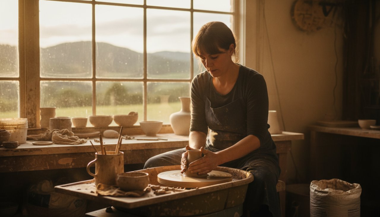 An inspiring wide-angle shot capturing the essence of Emerald VIC Business Visual Storytelling Photography, featuring a local ceramic artist passionately crafting pottery amidst the lush Dandenongs backdrop, early morning light, cinematic.