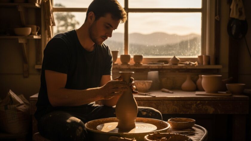 Dynamic, epic moment photograph showcasing a local Emerald Victoria artisan potter meticulously shaping clay on a wheel in a sun-drenched, rustic studio, highlighting their craftsmanship for advertising photography.