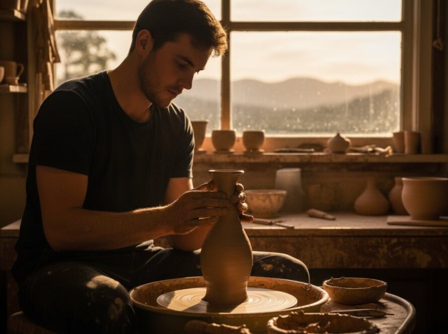 Dynamic, epic moment photograph showcasing a local Emerald Victoria artisan potter meticulously shaping clay on a wheel in a sun-drenched, rustic studio, highlighting their craftsmanship for advertising photography.
