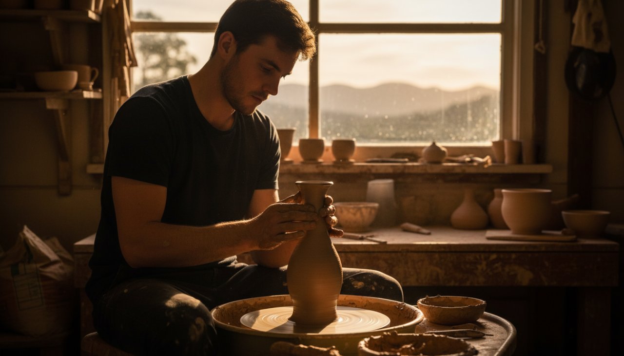 Dynamic, epic moment photograph showcasing a local Emerald Victoria artisan potter meticulously shaping clay on a wheel in a sun-drenched, rustic studio, highlighting their craftsmanship for advertising photography.