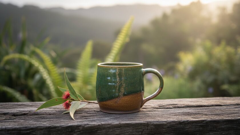 A beautifully lit close-up of handmade ceramic pottery, capturing the intricate details and earthy textures, bathed in golden hour light on a rustic timber table in a charming Emerald market setting, illustrating exceptional Emerald Victoria artisanal product photography.