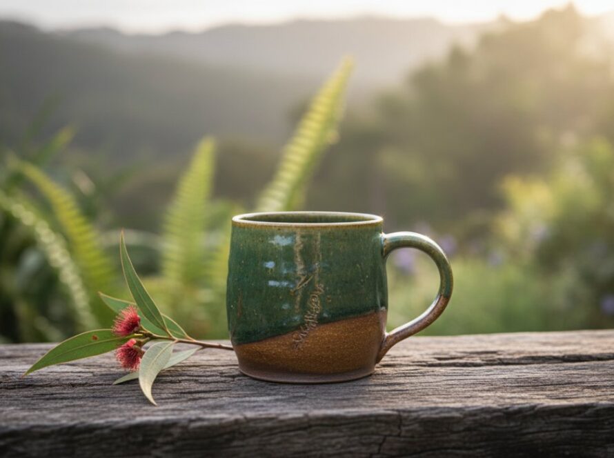 A beautifully lit close-up of handmade ceramic pottery, capturing the intricate details and earthy textures, bathed in golden hour light on a rustic timber table in a charming Emerald market setting, illustrating exceptional Emerald Victoria artisanal product photography.