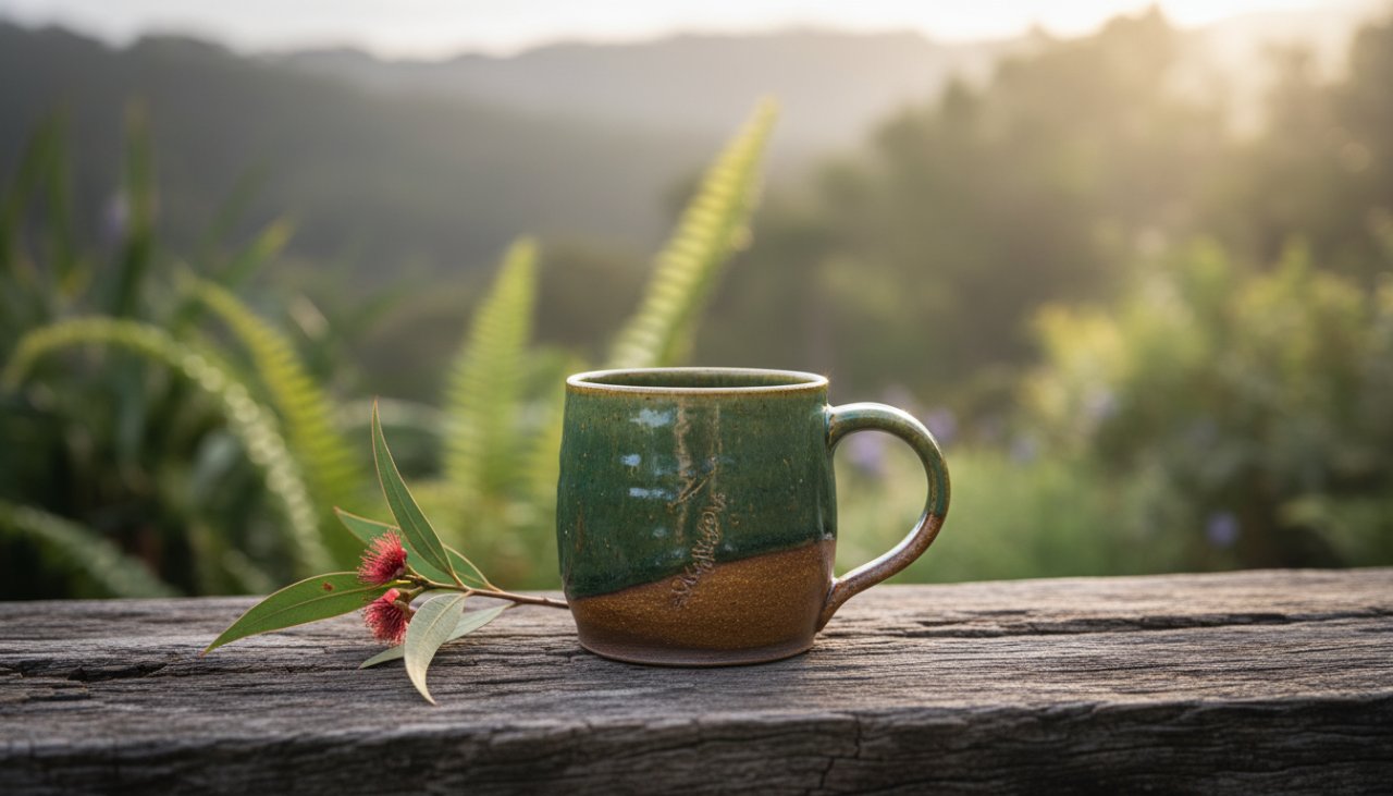 A beautifully lit close-up of handmade ceramic pottery, capturing the intricate details and earthy textures, bathed in golden hour light on a rustic timber table in a charming Emerald market setting, illustrating exceptional Emerald Victoria artisanal product photography.