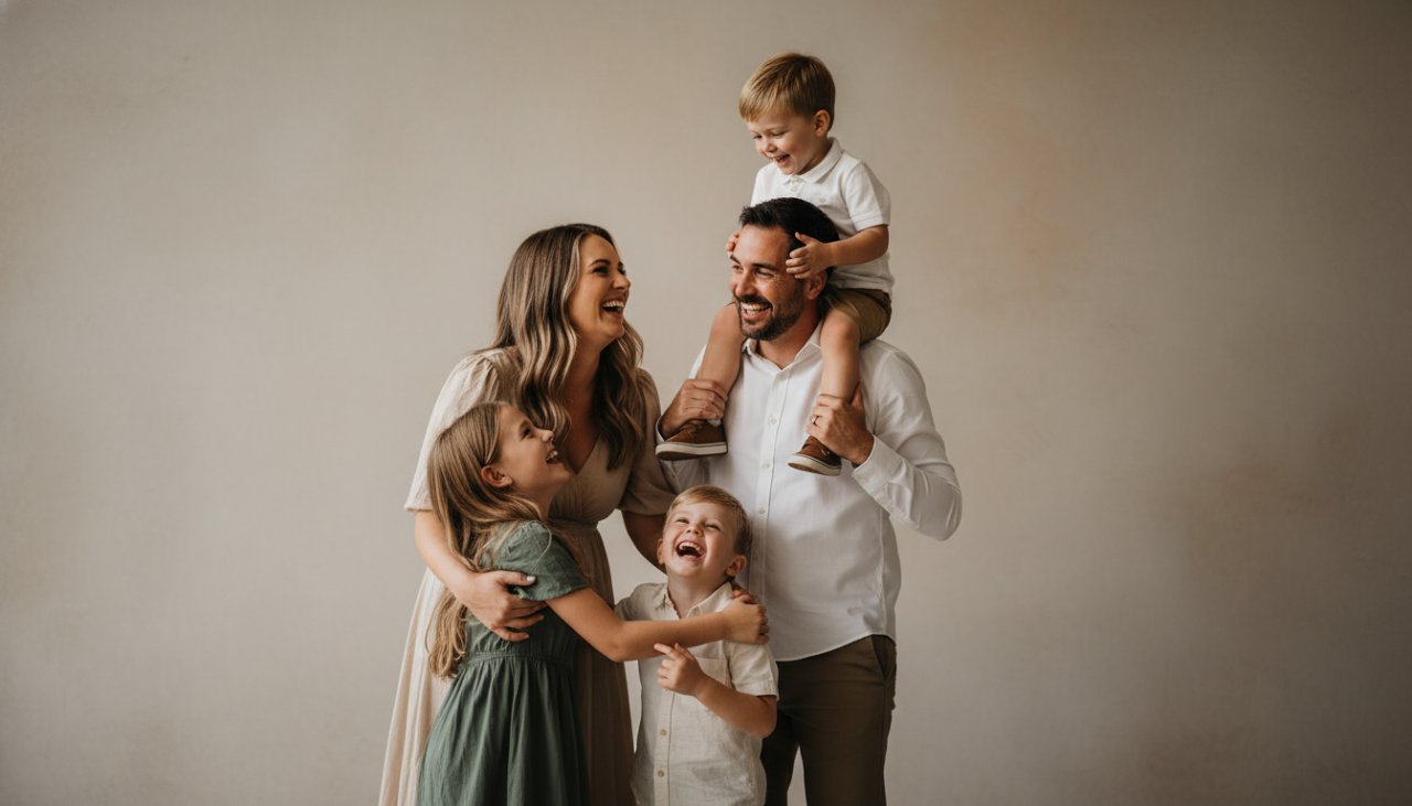 A vibrant family of four laughing joyfully during a bespoke studio photography session in Emerald, Victoria. The parents embrace their two young children, bathed in soft, professional lighting, capturing an authentic, 'epic moment' of connection. The image highlights the warm and inviting atmosphere of Emerald Victoria boutique studio photography for families.