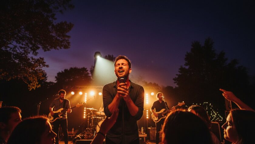 An epic moment of Emerald Victoria concert photography capturing live music magic: a lead singer bathed in vibrant stage lights, passionately singing into a microphone, with a cheering crowd in the softly blurred background at a community festival in Emerald Lake Park.