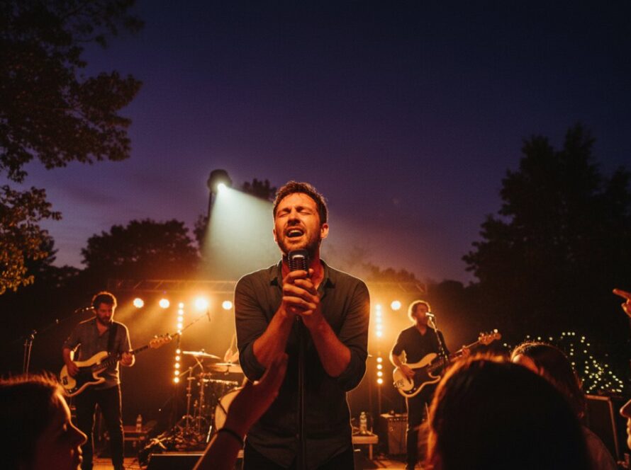 An epic moment of Emerald Victoria concert photography capturing live music magic: a lead singer bathed in vibrant stage lights, passionately singing into a microphone, with a cheering crowd in the softly blurred background at a community festival in Emerald Lake Park.