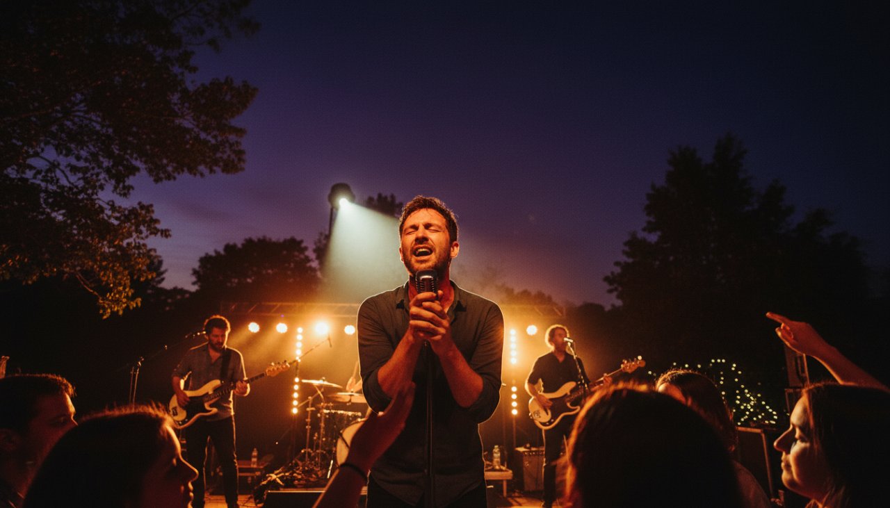 An epic moment of Emerald Victoria concert photography capturing live music magic: a lead singer bathed in vibrant stage lights, passionately singing into a microphone, with a cheering crowd in the softly blurred background at a community festival in Emerald Lake Park.