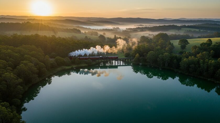 An aerial view captured through Emerald Victoria drone photography stunning landscape, showcasing a misty sunrise over the Dandenong Ranges, with the Puffing Billy train winding through lush green forests and a vibrant emerald lake.