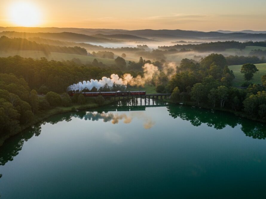 An aerial view captured through Emerald Victoria drone photography stunning landscape, showcasing a misty sunrise over the Dandenong Ranges, with the Puffing Billy train winding through lush green forests and a vibrant emerald lake.