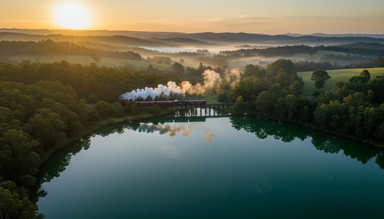 An aerial view captured through Emerald Victoria drone photography stunning landscape, showcasing a misty sunrise over the Dandenong Ranges, with the Puffing Billy train winding through lush green forests and a vibrant emerald lake.