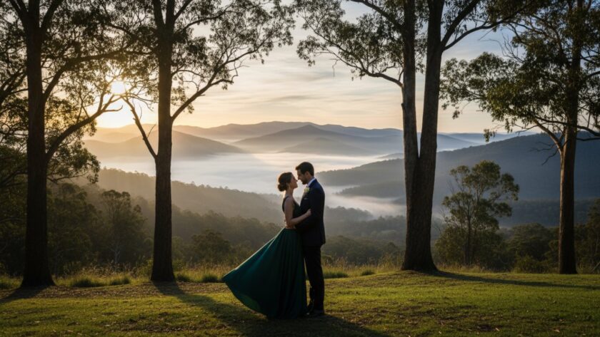 An epic moment captured in Emerald Victoria fine art portrait photography: A couple embraces gently amidst the mystical, soft morning fog rolling through towering mountain ash trees in a lush fern gully, sunlight just breaking through, illuminating their tender connection. The scene evokes a sense of timeless romance and ethereal beauty.